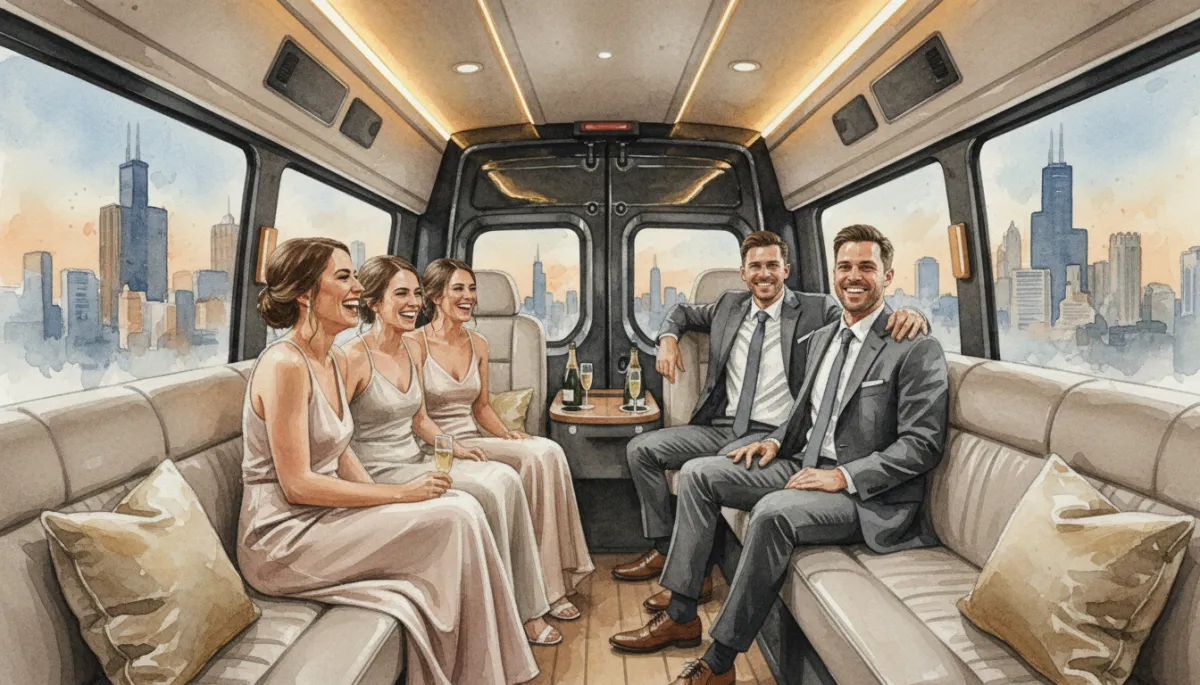 Bridal party riding together in a Sprinter van in Chicago