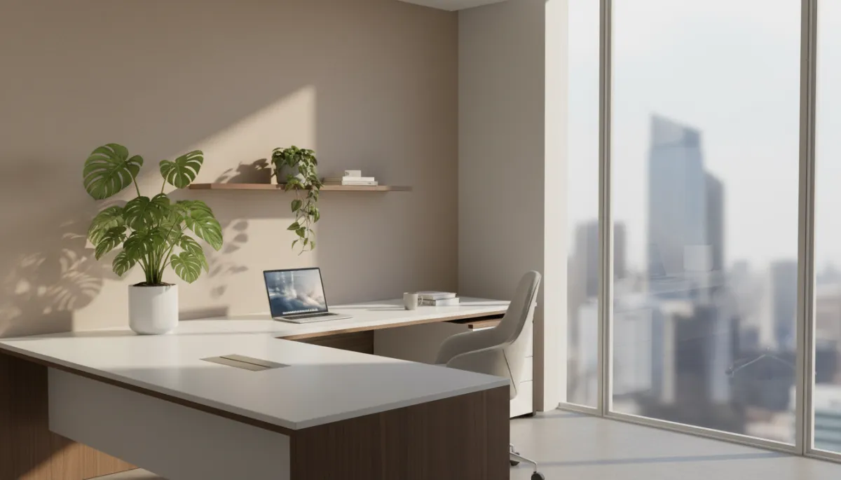 Modern office workspace softened by thoughtfully placed indoor plants Modern office workspace softened by thoughtfully placed indoor plants