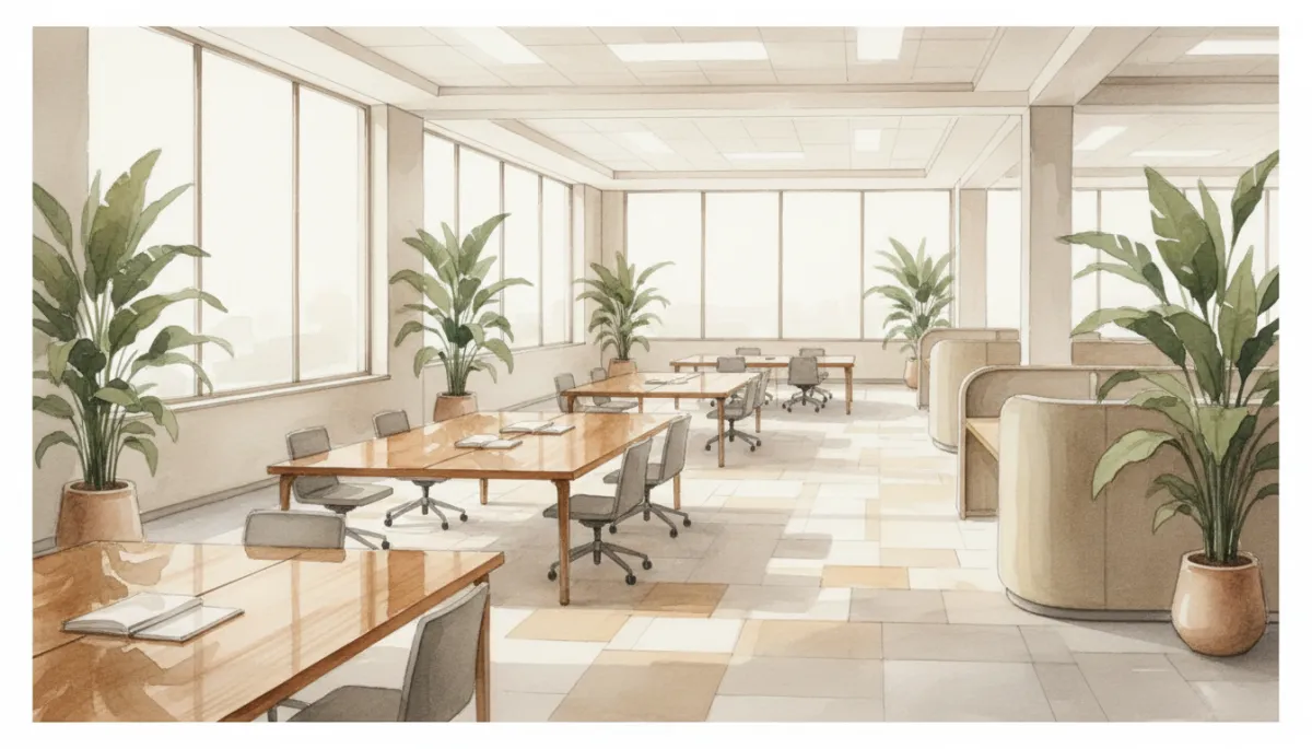 Neutral-toned office with plants, wood, and natural light