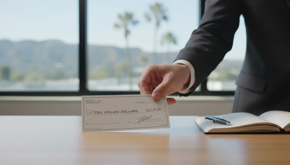Symbolic ten million dollar check representing a bold financial goal