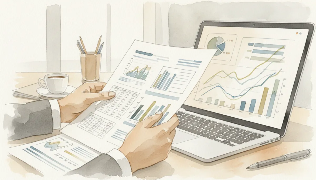 Investor comparing business fundamentals with forex, stock, and bond charts Investor comparing business fundamentals with forex, stock, and bond charts