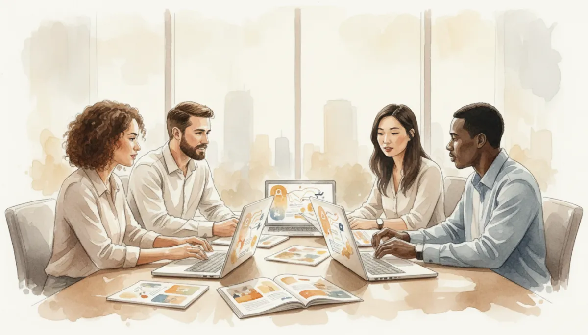 Group of adults reviewing education and career planning materials together Group of adults reviewing education and career planning materials together