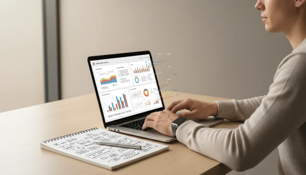 Entrepreneur planning an online business with laptop and notebook in a professional setting Entrepreneur planning an online business with laptop and notebook in a professional setting