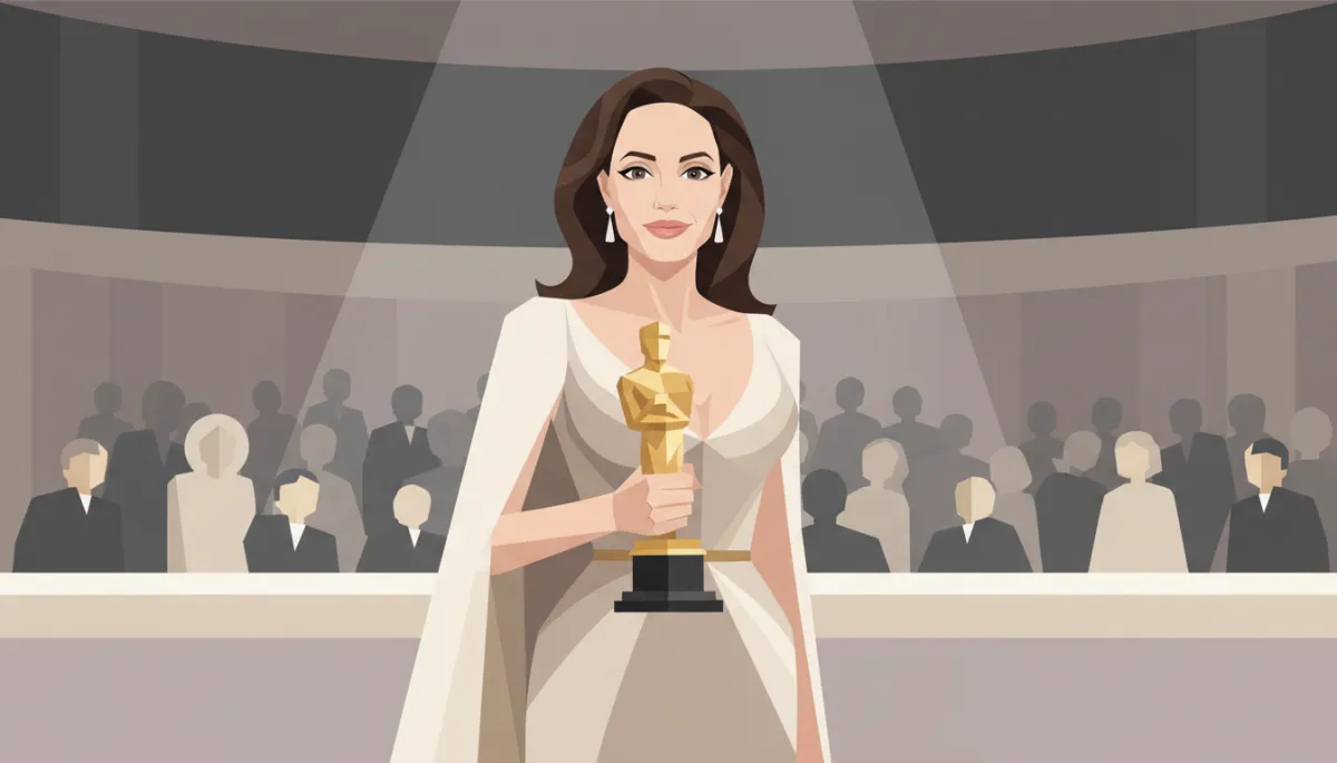Angelina Jolie holding an award on stage at a formal ceremony Angelina Jolie holding an award on stage at a formal ceremony