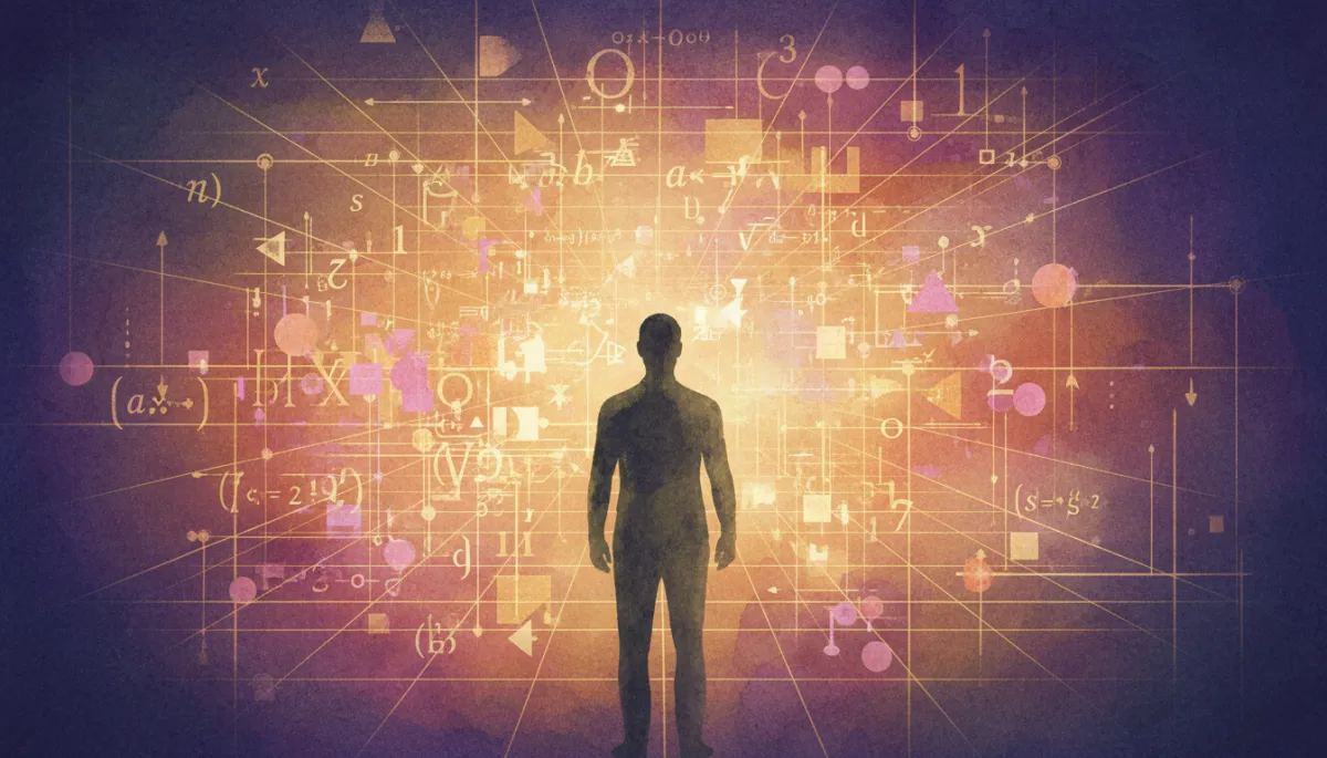 Conceptual visualization of a person looking into a universe made of mathematical code