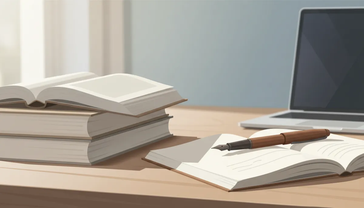 Desk with stacked books and open notebook suggesting focused writing