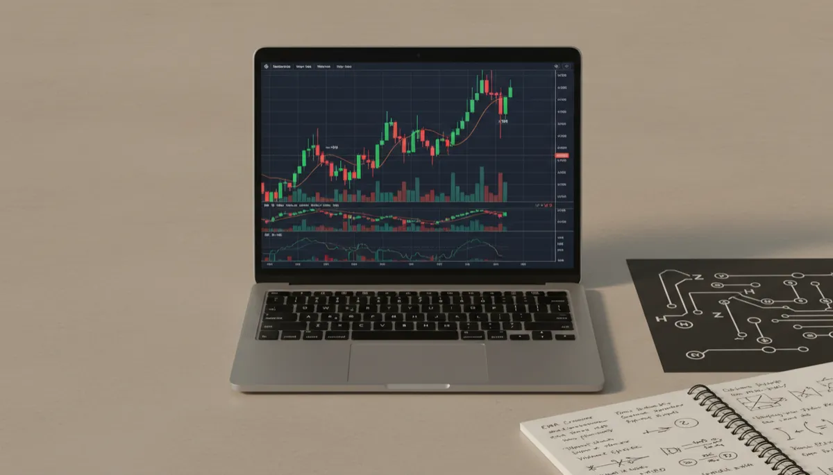 Laptop with price charts next to a quantum circuit diagram and trading notes Laptop with price charts next to a quantum circuit diagram and trading notes