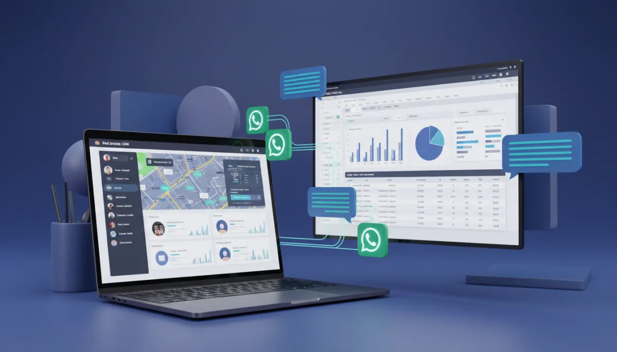 Espace de travail numérique illustrant l’intégration entre CRM, tableur et WhatsApp