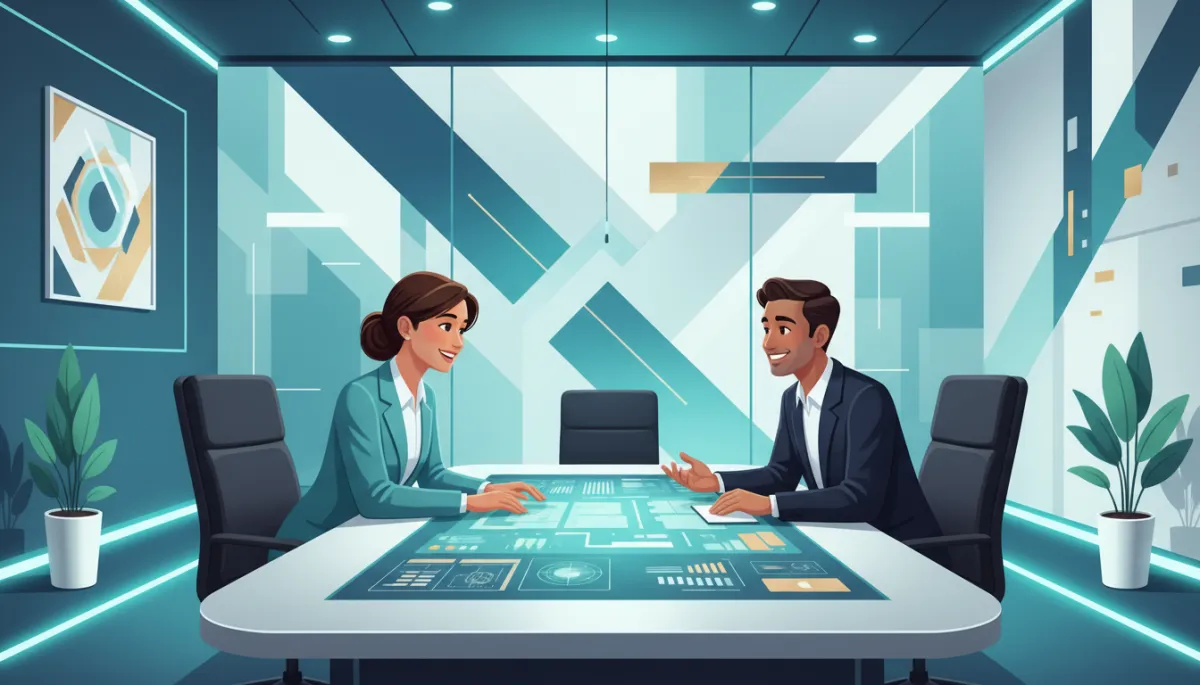 A vibrant, contemporary meeting room scene with a real estate agent attentively listening to clients. The background features stylish, modern decor with aqua and teal accent lighting, abstract wall art, and a sense of depth created by layered gradients and soft geometric shapes, creating a visually engaging and professional ambiance that matches the document’s color palette.