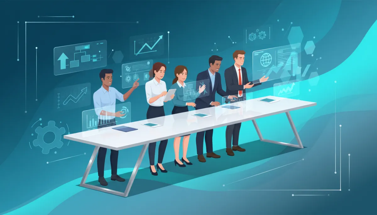 A dynamic, collaborative workspace with a diverse real estate team optimizing processes around a sleek, modern table. The background is rich with teal, aqua, and cool grey gradients, punctuated by digital flowcharts and stylized icons representing process optimization. The setting feels energetic and high-tech, with subtle lighting effects and geometric overlays that enhance visual interest and avoid blandness.