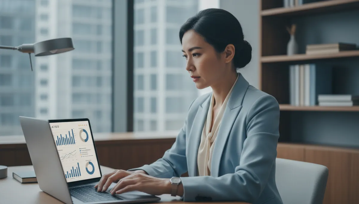 Manager d’agence immobilière analysant les statistiques d’avis clients sur un ordinateur portable