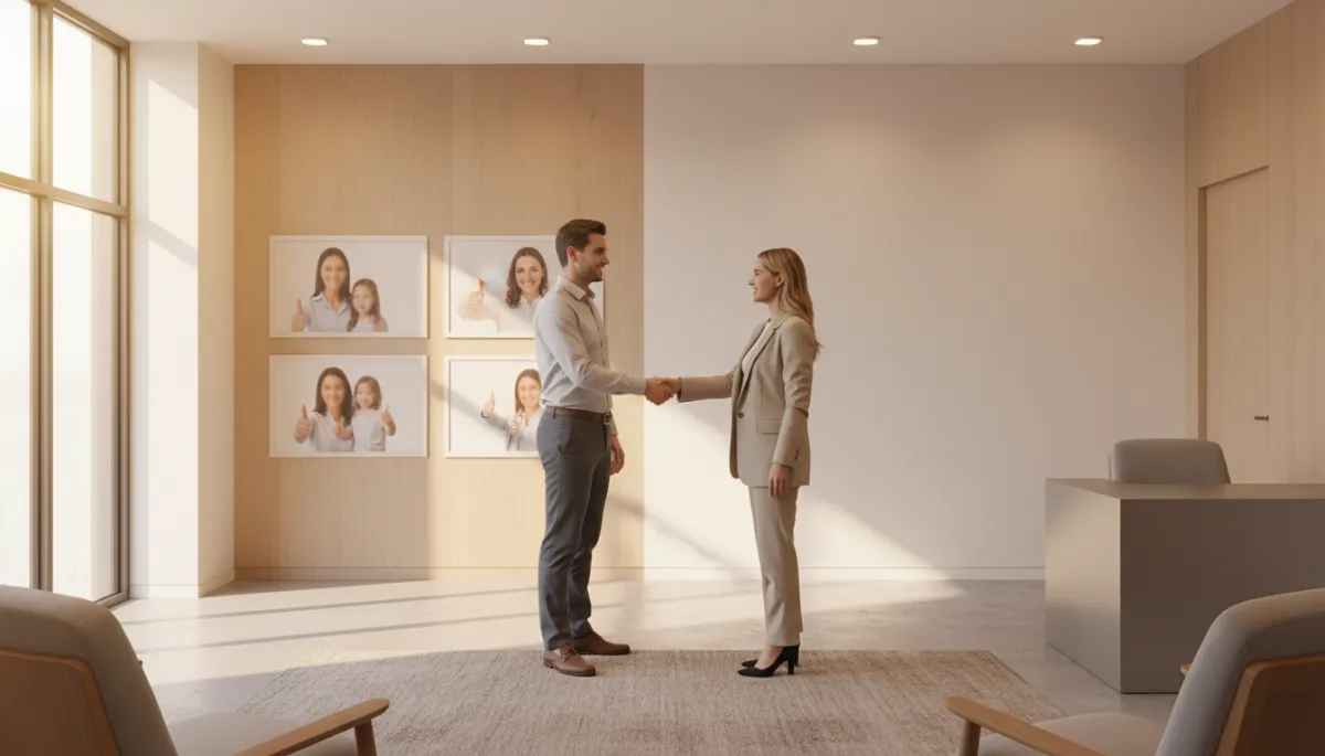 Conseiller immobilier accueillant un couple dans une agence mettant en avant ses avis clients