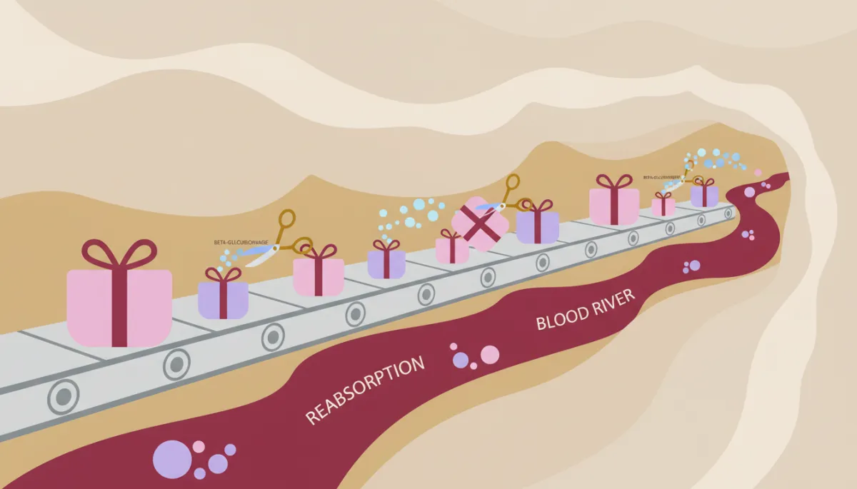 Conveyor belt metaphor showing estrogen gift boxes and enzyme scissors