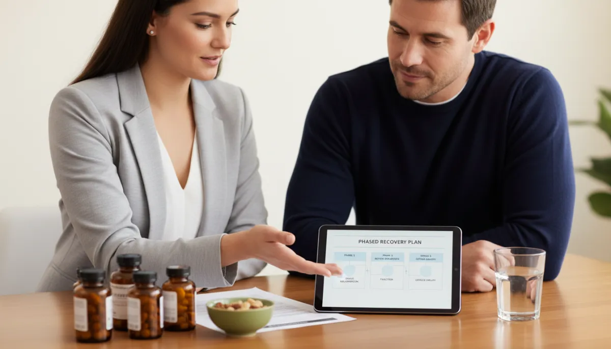 Healthcare professional reviewing a structured post-surgery recovery plan with a patient