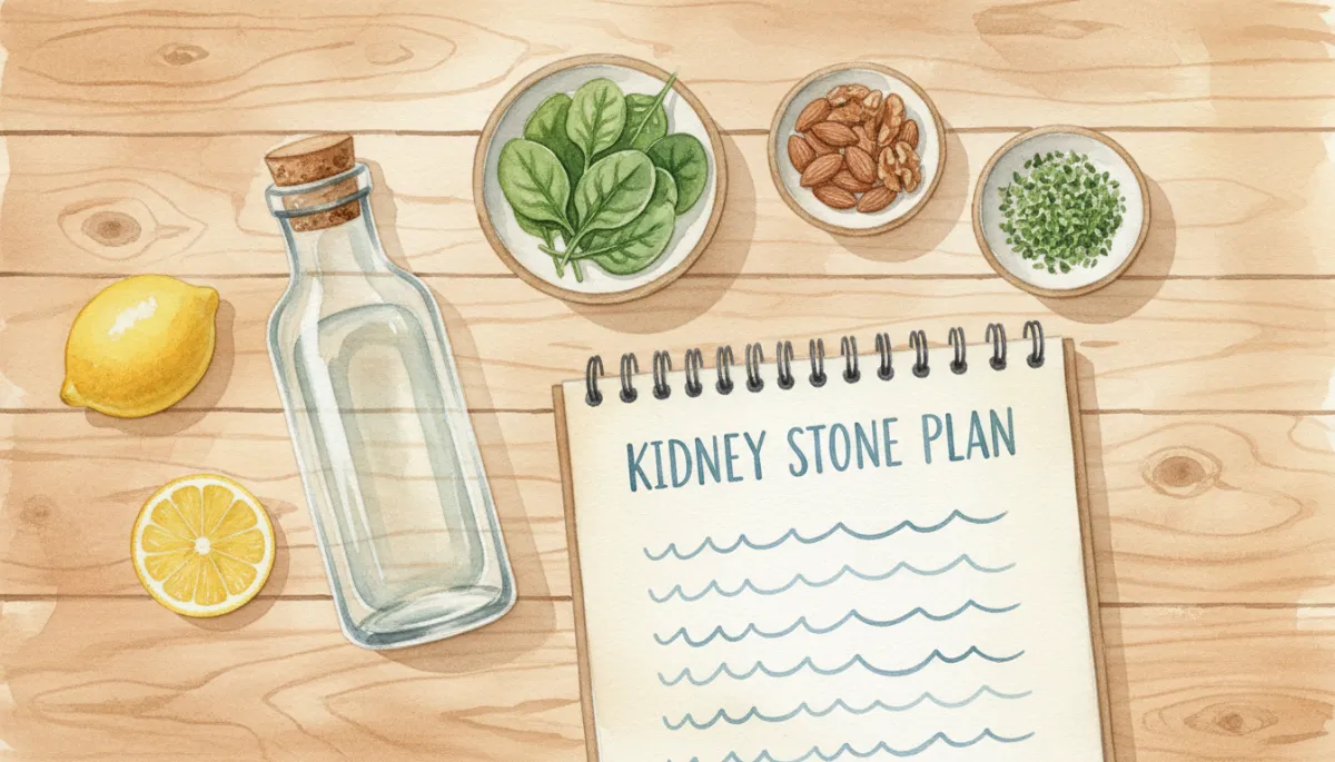 Kidney stone prevention plan with water, lemons, greens, nuts, and herbs arranged on a table Kidney stone prevention plan with water, lemons, greens, nuts, and herbs arranged on a table