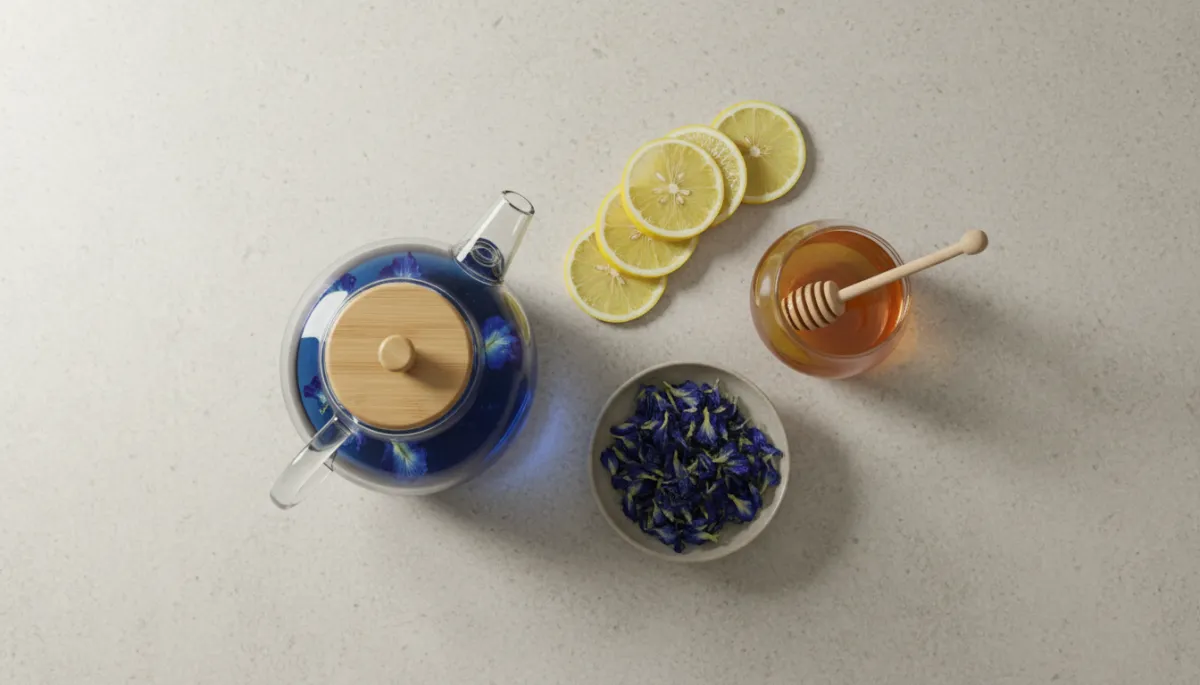 Overhead view of butterfly blue tea brewing setup with lemons and honey