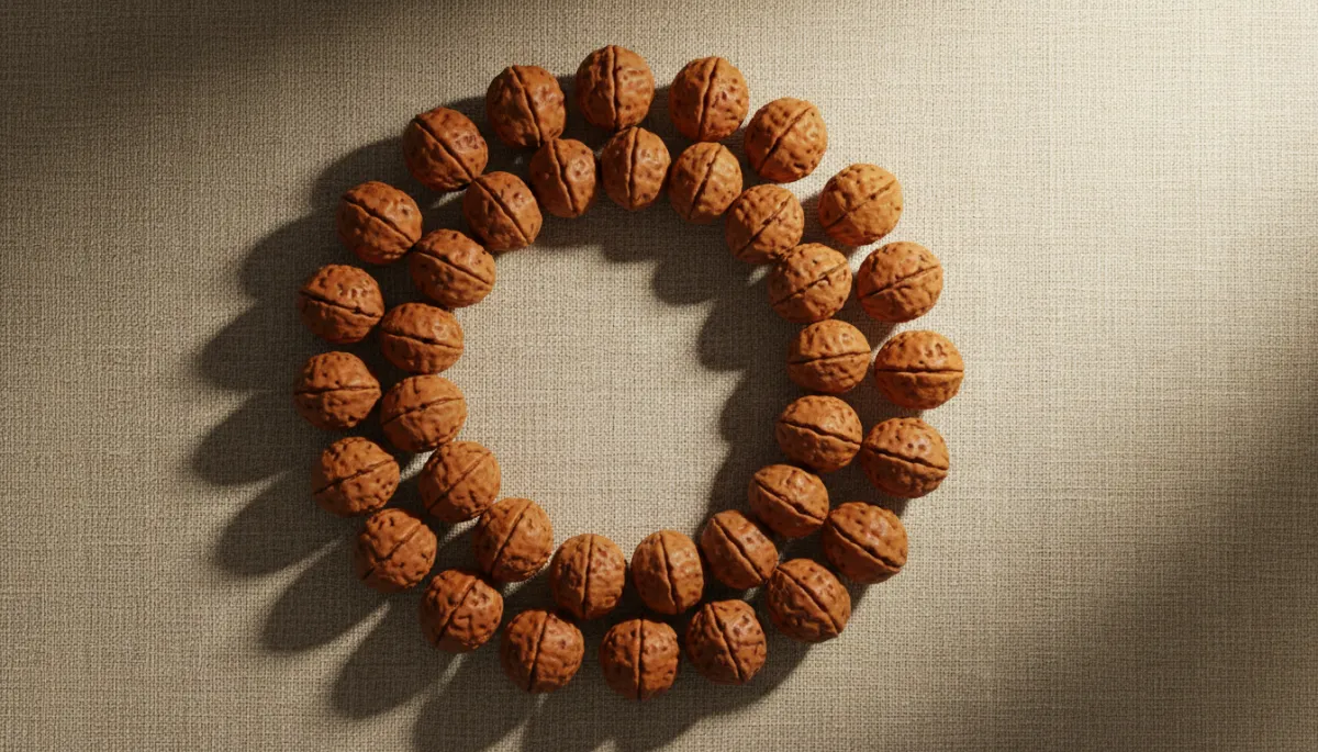 A new, captivating image of Rudraksha beads arranged in a circle on a natural linen cloth, with a soft, golden morning light illuminating their texture. The background should be minimal, drawing focus to the shape and natural detail of the beads, evoking a sense of calm and spiritual clarity suitable for a meditation or wellness article hero image. A new, captivating image of Rudraksha beads arranged in a circle on a natural linen cloth, with a soft, golden morning light illuminating their texture. The background should be minimal, drawing focus to the shape and natural detail of the beads, evoking a sense of calm and spiritual clarity suitable for a meditation or wellness article hero image.