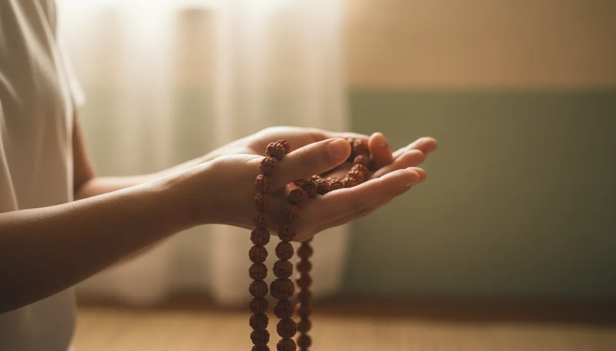 A naturalistic photo of a person meditating indoors, holding Rudraksha beads in their hand, focusing on the hand and beads in soft, natural light. The background should be minimal and gentle, conveying calm and authenticity, suitable for a wellness and meditation article. A naturalistic photo of a person meditating indoors, holding Rudraksha beads in their hand, focusing on the hand and beads in soft, natural light. The background should be minimal and gentle, conveying calm and authenticity, suitable for a wellness and meditation article.
