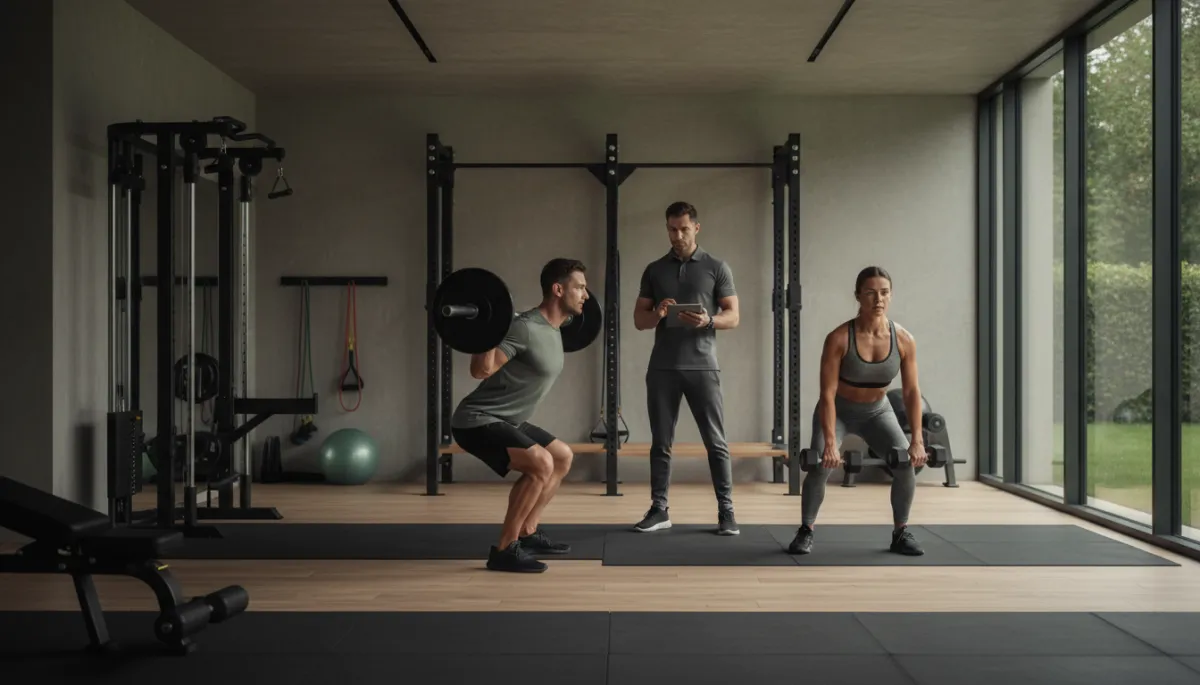 People strength training in a gym while a clinician reviews a wellness plan on a tablet People strength training in a gym while a clinician reviews a wellness plan on a tablet