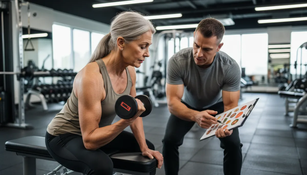 Older woman strength training with guidance on a protein-rich plan