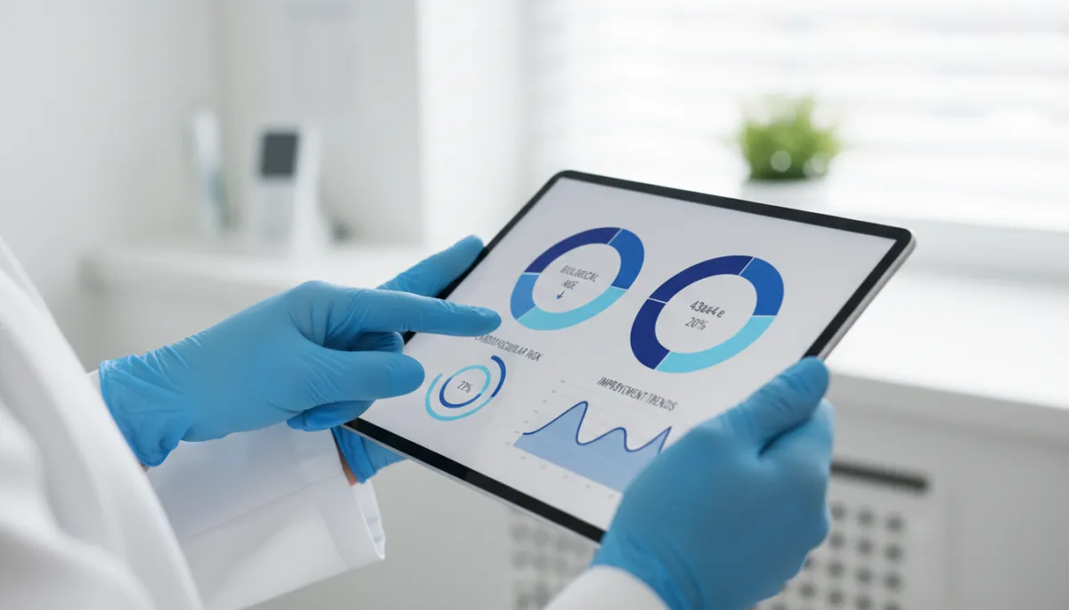 Clinician reviewing biological age and cardiovascular risk graphs with a patient on a tablet