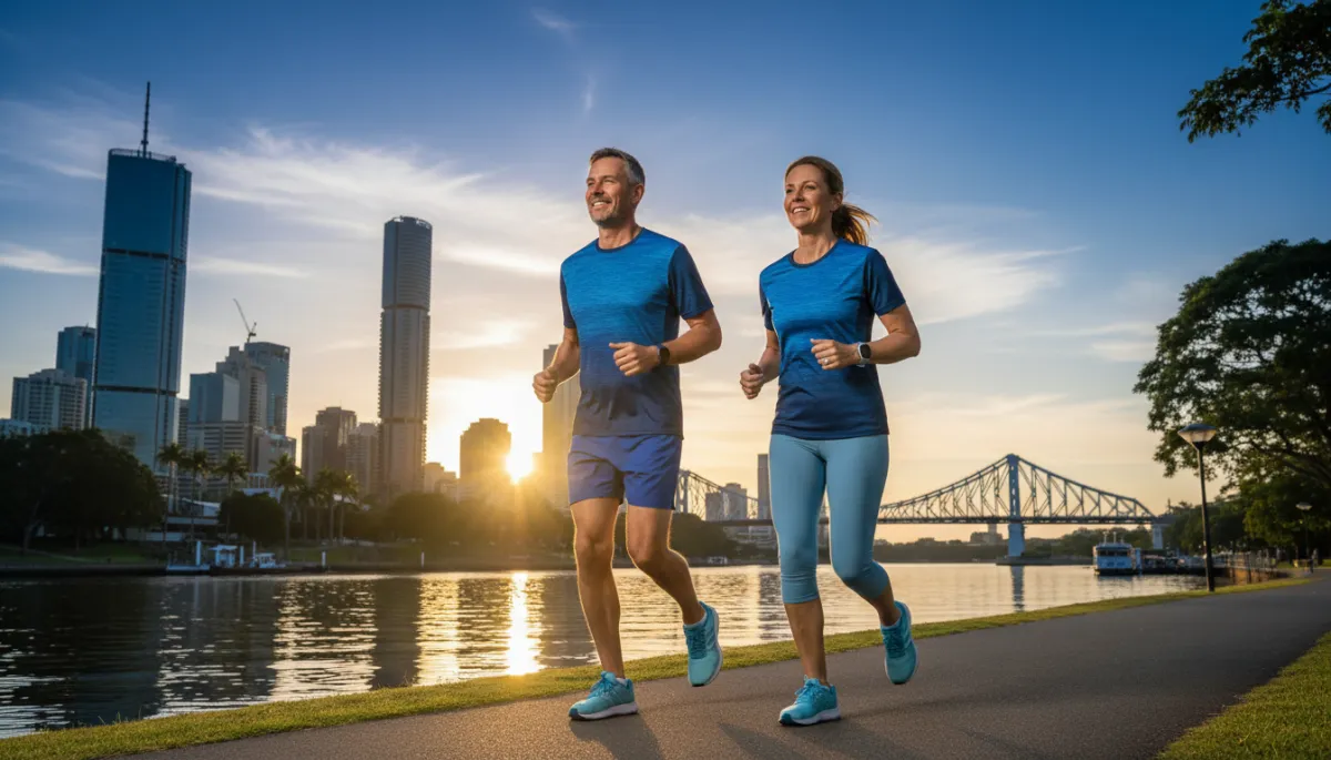 Active middle-aged couple jogging by the Brisbane river as part of a longevity lifestyle