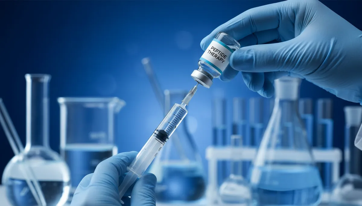 Clinician preparing peptide injection in a modern laboratory setting