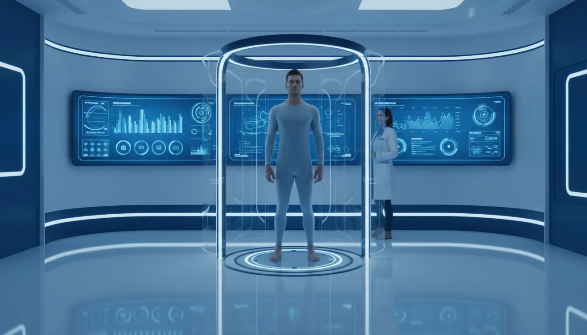 Patient undergoing high-tech assessment with biomarker dashboards in a clinic