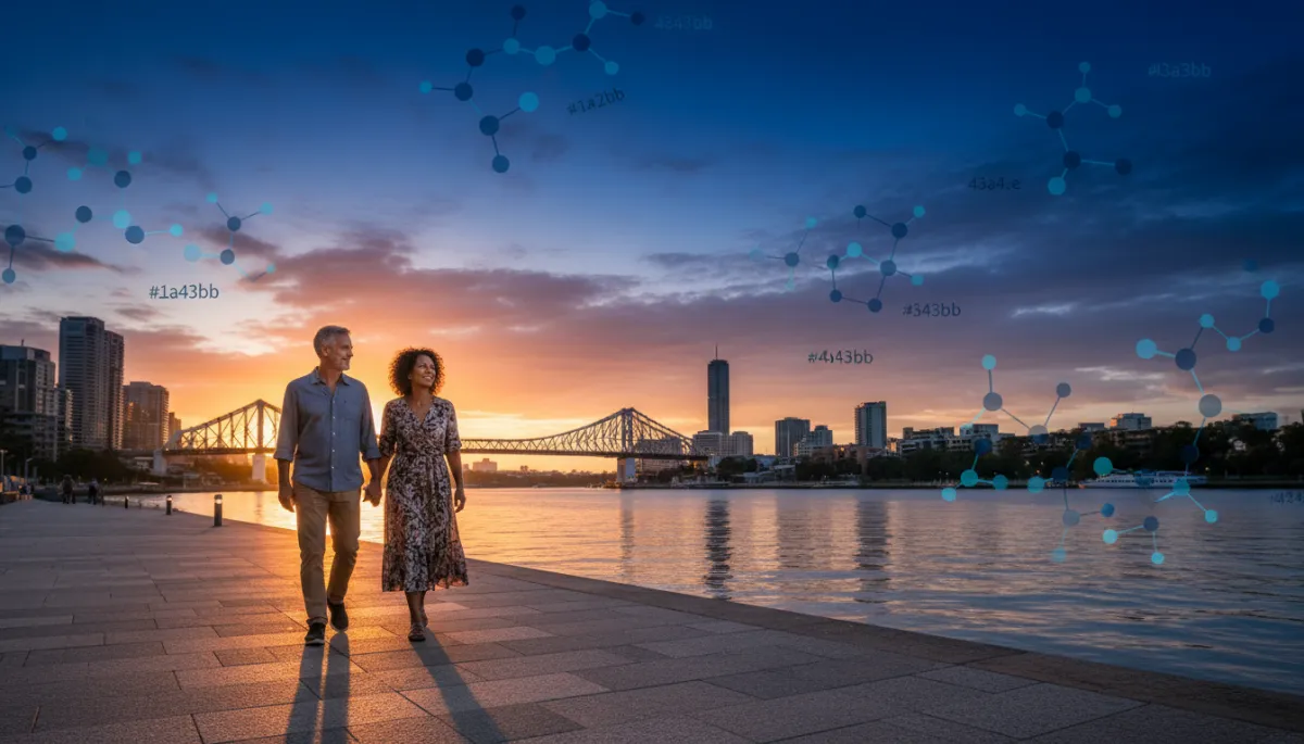 Healthy middle-aged couple walking along Brisbane river at sunset