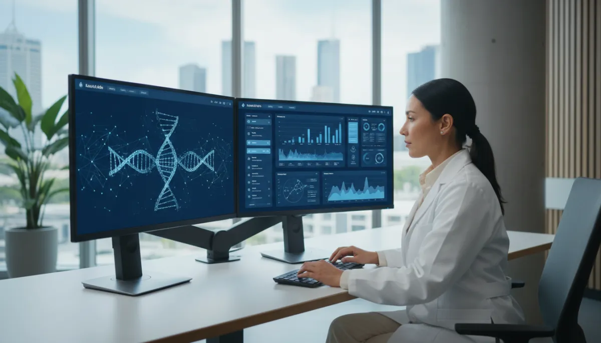 Clinician reviewing combined DNA and epigenetic test results on screens Clinician reviewing combined DNA and epigenetic test results on screens