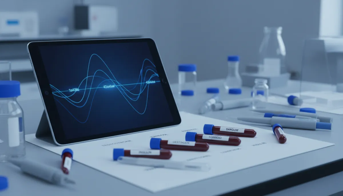 Laboratory bench with blood samples and digital hormone analysis graphs