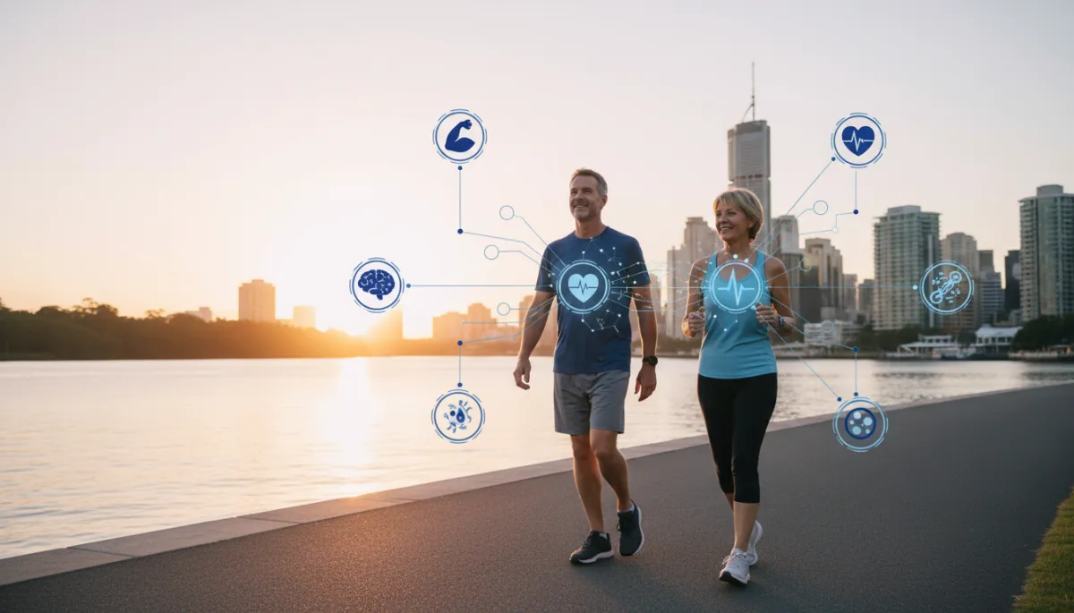 Midlife couple walking by Brisbane River with visual overlay of balanced hormone data