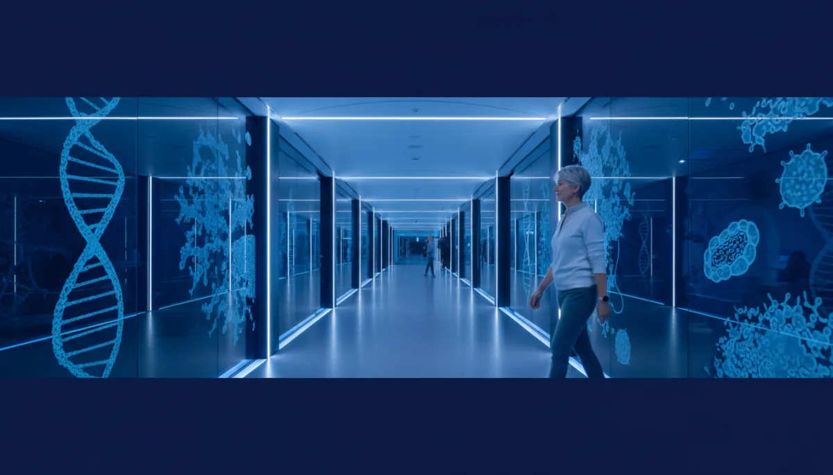 Patient walking through a modern blue-toned Omics Longevity clinic corridor in Brisbane