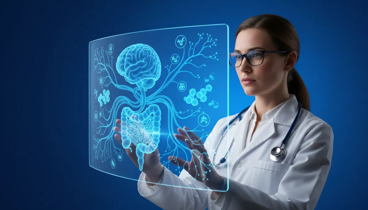 Clinician reviewing a 3D gut-brain axis visualisation on a blue-toned medical monitor