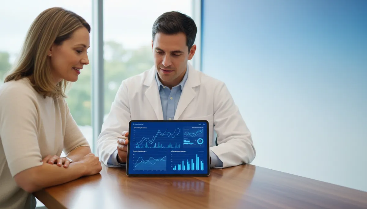 Clinician and patient reviewing a gut microbiome age-report dashboard on a tablet