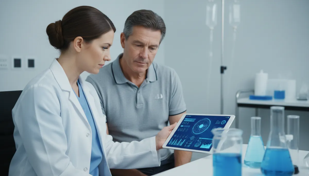 Clinician and patient discussing AI-guided peptide therapy results in a Brisbane clinic Clinician and patient discussing AI-guided peptide therapy results in a Brisbane clinic