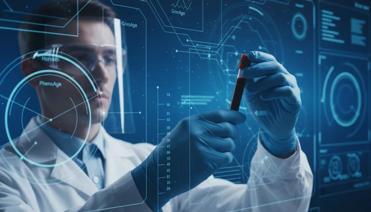 Lab technician handling a blood sample in front of an epigenetic clock dashboard
