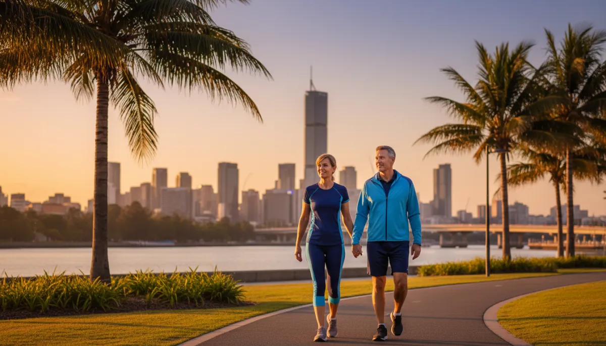 Couple walking in a Brisbane riverside park as part of stress management routine