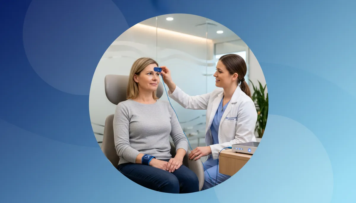 Woman having stress and cortisol-related health assessment in a modern clinic
