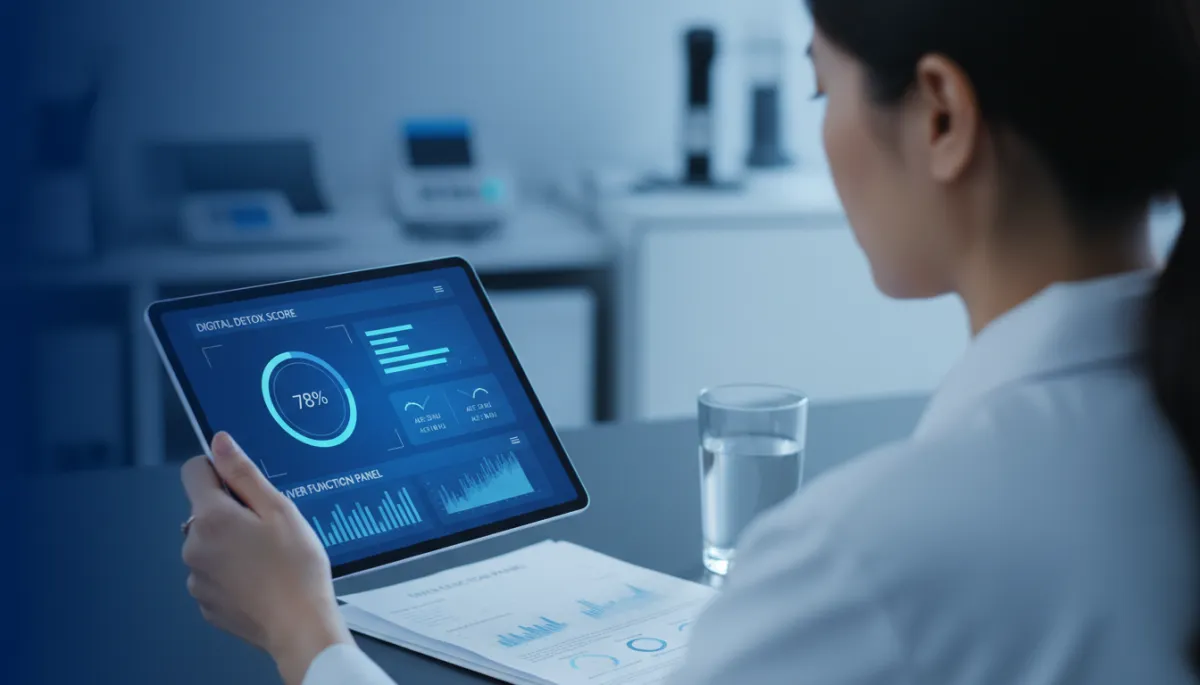 Clinician reviewing liver detox and cellular health data on a digital dashboard