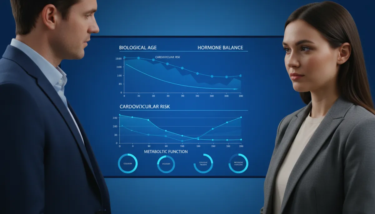Clinician and client reviewing precision longevity biomarker dashboard Clinician and client reviewing precision longevity biomarker dashboard