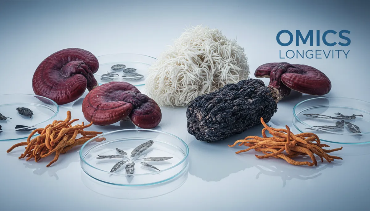 professional neutral-toned close-up of assorted medicinal mushrooms such as reishi, lion's mane, chaga and cordyceps arranged on a clean laboratory-style surface with glass petri dishes and soft cool lighting, subtle overlay text in modern sans-serif font using blue accents from Omics Longevity brand palette