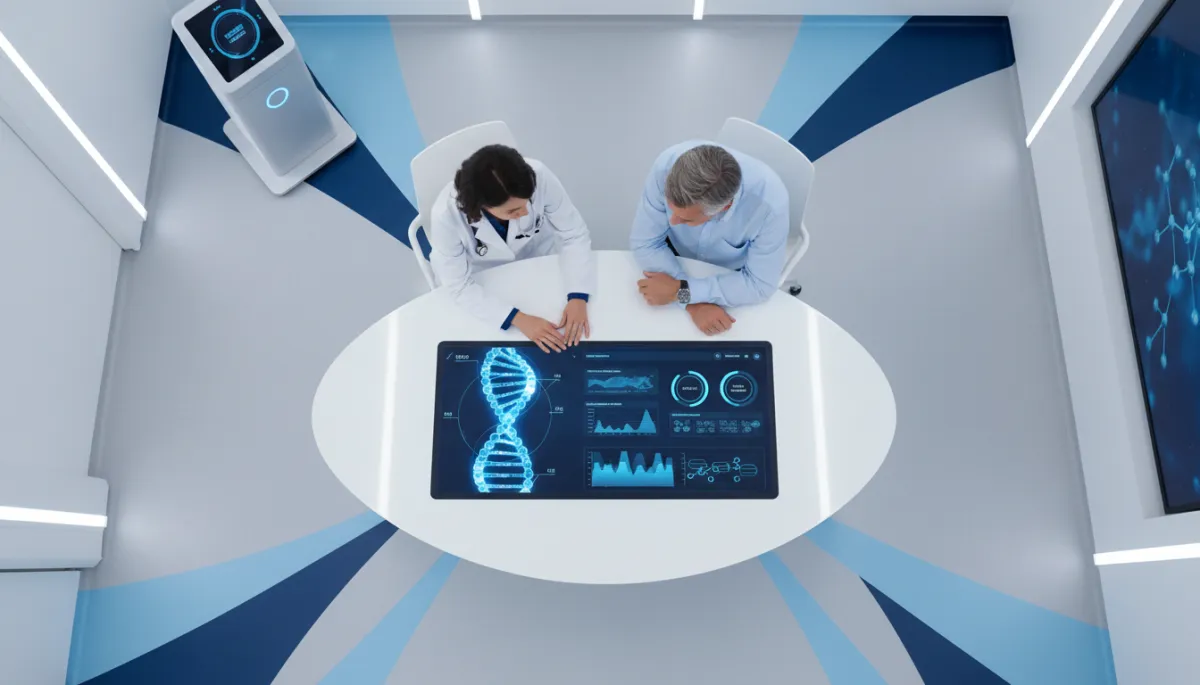 photorealistic overhead view of a modern longevity clinic consultation room with a doctor and patient reviewing a tablet showing a DNA strand and ageing biomarkers dashboard, clean white space with deep blue (#1a43b6) and light blue (#43a4e8) accents, subtle medical equipment in background