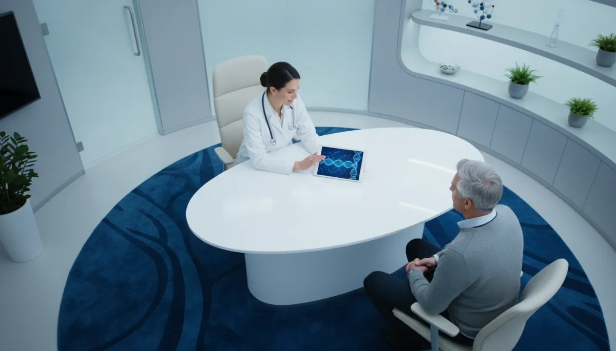 photorealistic overhead view of a modern longevity clinic consultation room with a doctor reviewing a tablet showing peptide pathways and DNA helix graphics in deep blue #1a43b6 and light blue #43a4e8, patient seated across the desk, soft clinical lighting