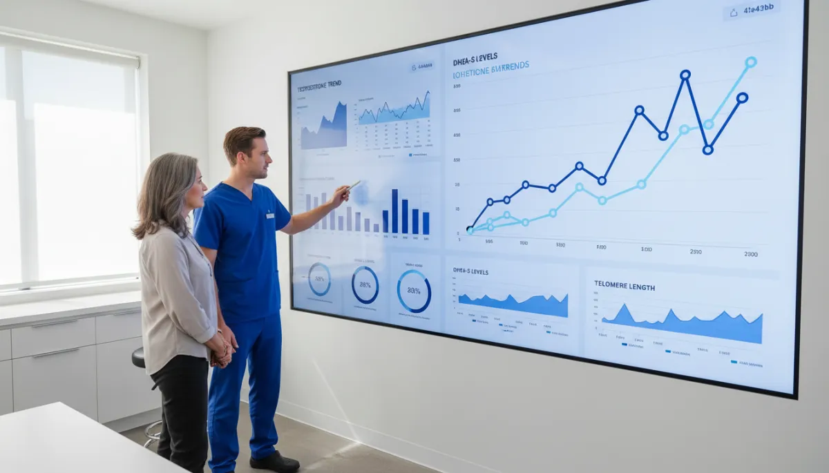 photorealistic clinical scene inside a modern longevity clinic, Australian clinician and midlife client reviewing a large digital hormone dashboard on a wall display, graphs in deep blue #1a43b6 and light blue #43a4e8 showing hormone trends and biological age markers, soft natural light, clean white and steel interiors