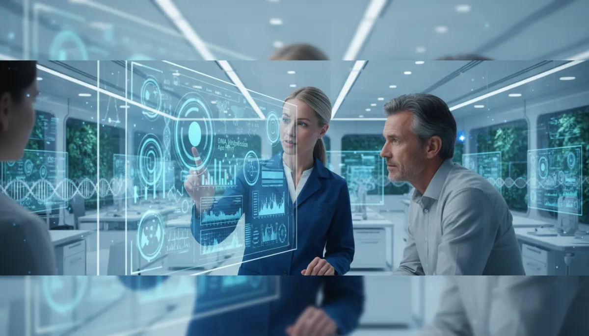 photorealistic modern longevity clinic laboratory with Australian clinician and patient reviewing a glowing deep blue (#1a43b6) and light blue (#43a4e8) DNA methylation age report on a large transparent screen, subtle double-helix graphics and data visualisations in the background