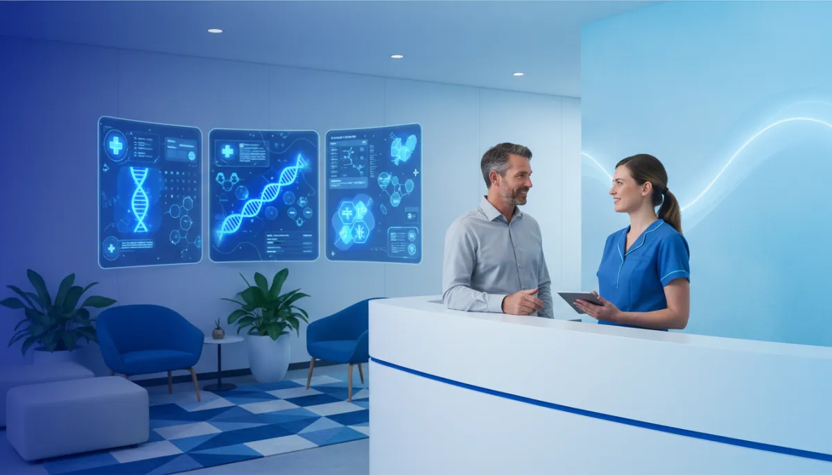photorealistic modern longevity clinic reception with calm Australian patient speaking to clinician, subtle medical technology screens in background, deep blue #1a43b6 and light blue #43a4e8 accents, soft natural light, serene atmosphere