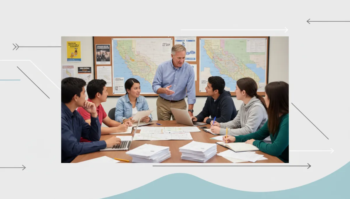 Create a photorealistic, high-quality blog header image featuring the original, unaltered professional, neutral-toned photo of diverse high school and college students gathered around a campaign office table with laptops, clipboards, and voter outreach materials, as Ted Nordblum speaks with them in a collaborative setting. The entire image should be clearly visible, placed prominently within the blog post layout—either centered or as a full-width featured image—to ensure none of the original content is cropped or obscured. Surround the main image with subtle, complementary professional design elements in soft neutral tones, such as a clean white or light gray background, and minimalistic line accents to enhance the overall presentation without detracting from the core photo. The scene should evoke a sense of mentorship, leadership, and active engagement, aligning visually with the theme of student internships and shaping California’s future under Ted Nordblum’s guidance.