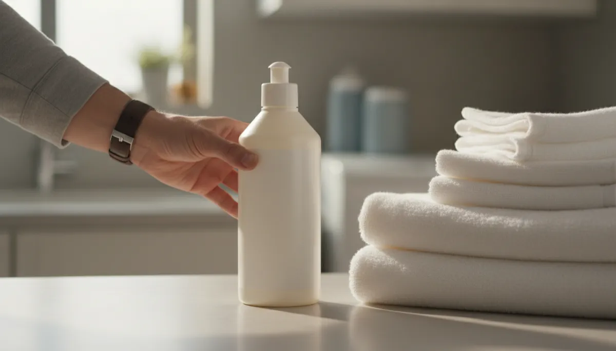 Homeowner choosing a single mild carpet cleaner with towels ready