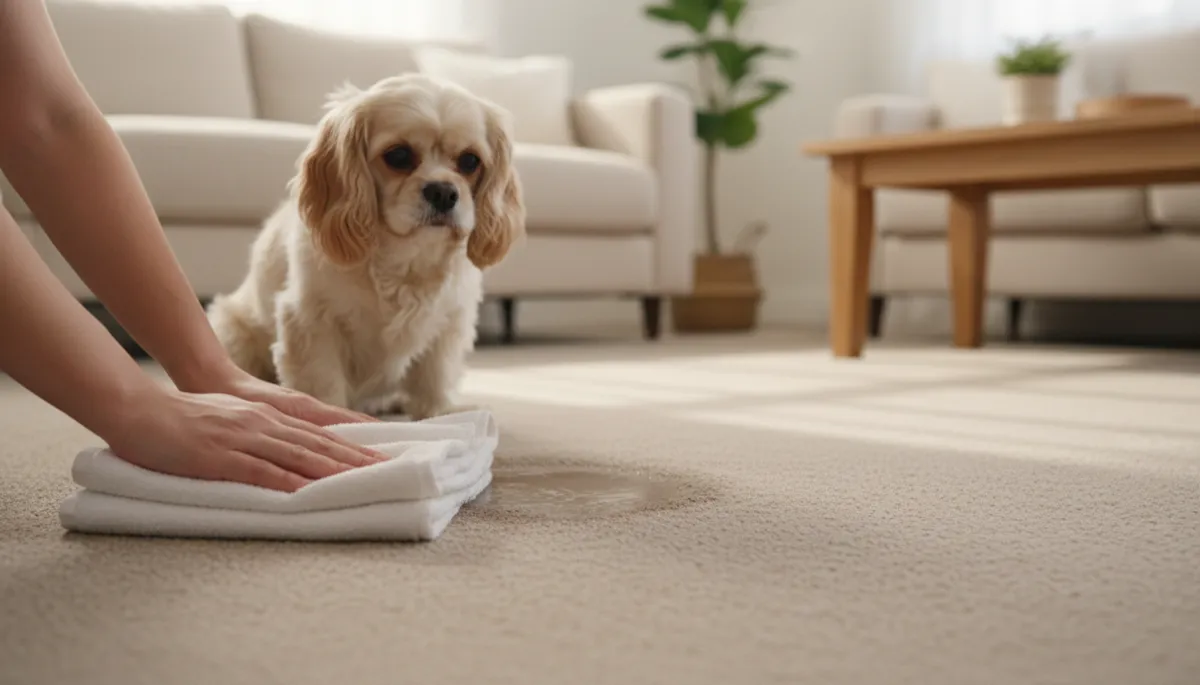 Homeowner blotting a pet accident while a small dog sits nearby
